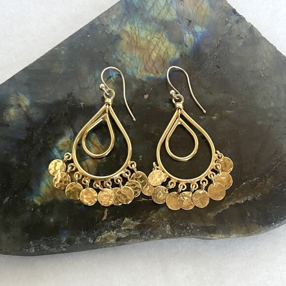 Gold Vermeil Sterling Silver 925 Teardrop Disc Tassel Dangle Drop Earrings - Picture 2 of 16